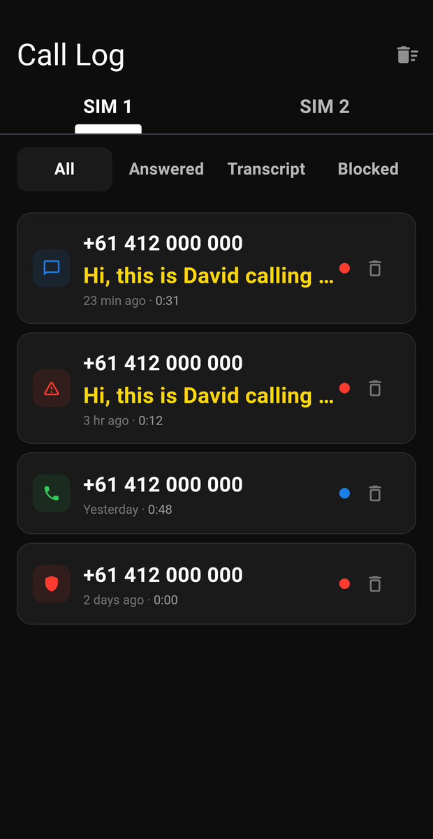 Call log showing every screened call
